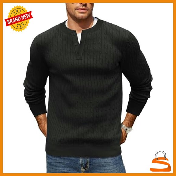 Men's Cable Knit Henley Sweater Long Sleeve Button Down Pullover - Picture 2 of 7